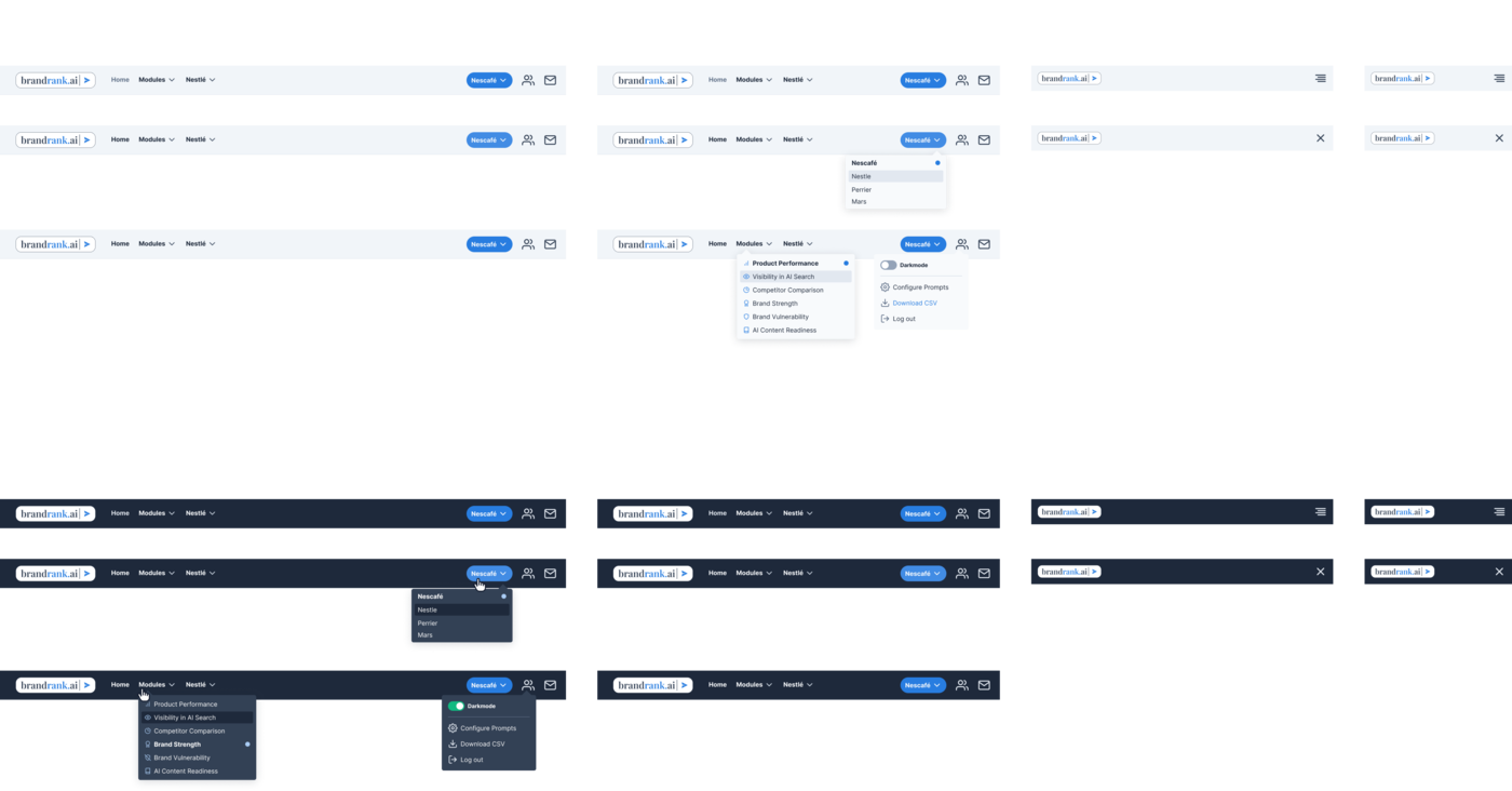 BrandRank.AI desktop navigation states with modules menu, brand selector, and settings