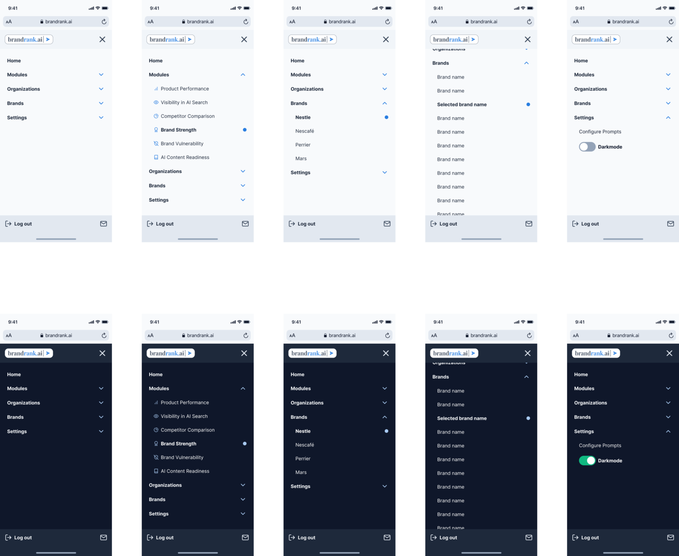 BrandRank.AI mobile navigation sidebar with modules, brands, and dark mode toggle