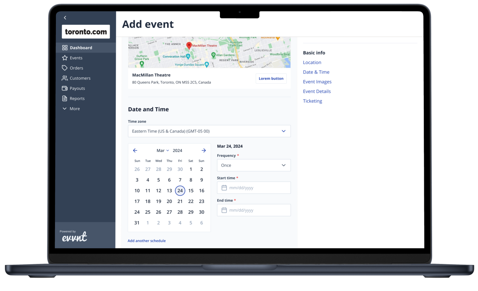 Evvnt add event form with map and calendar