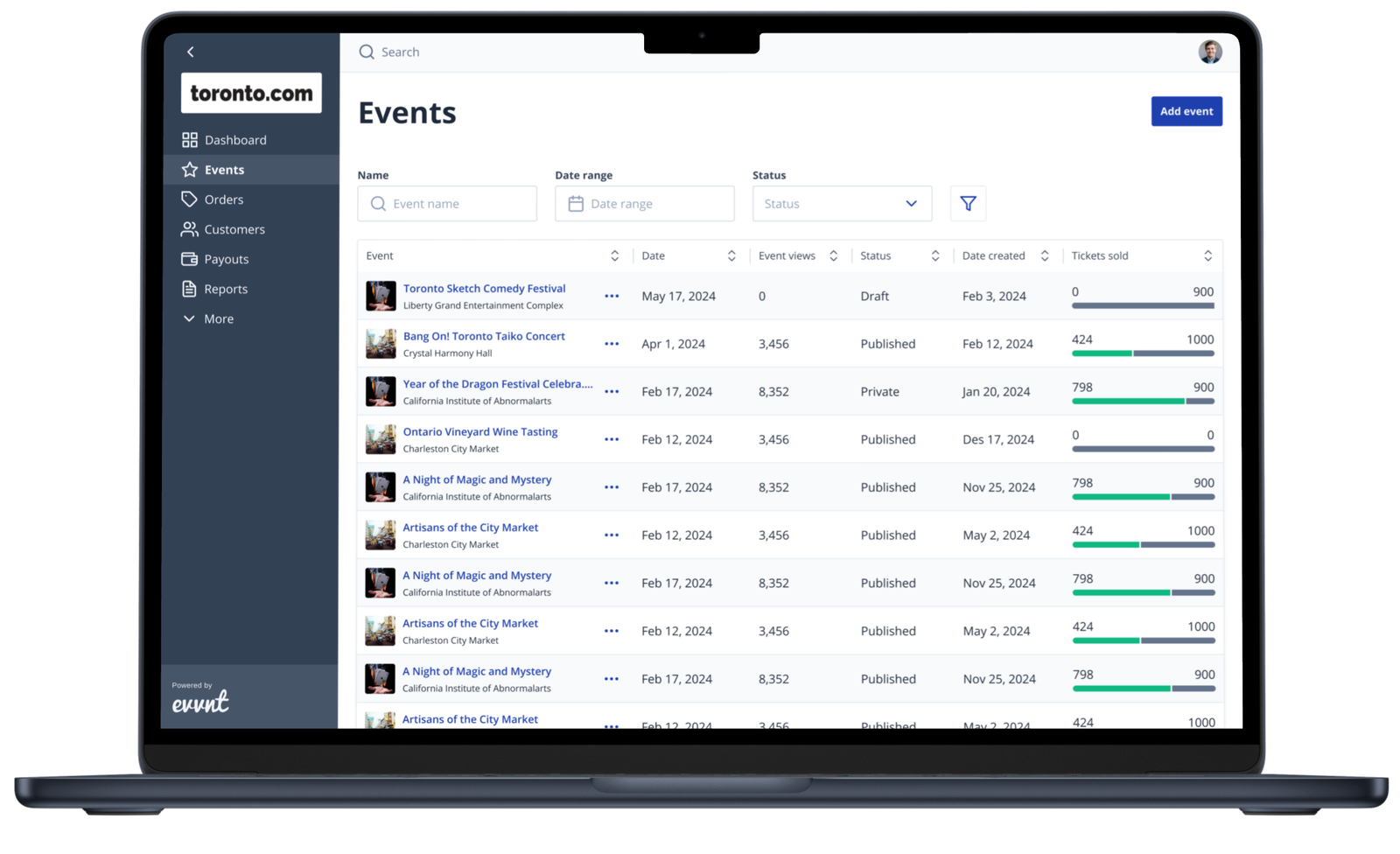 Evvnt events list with status and ticket tracking