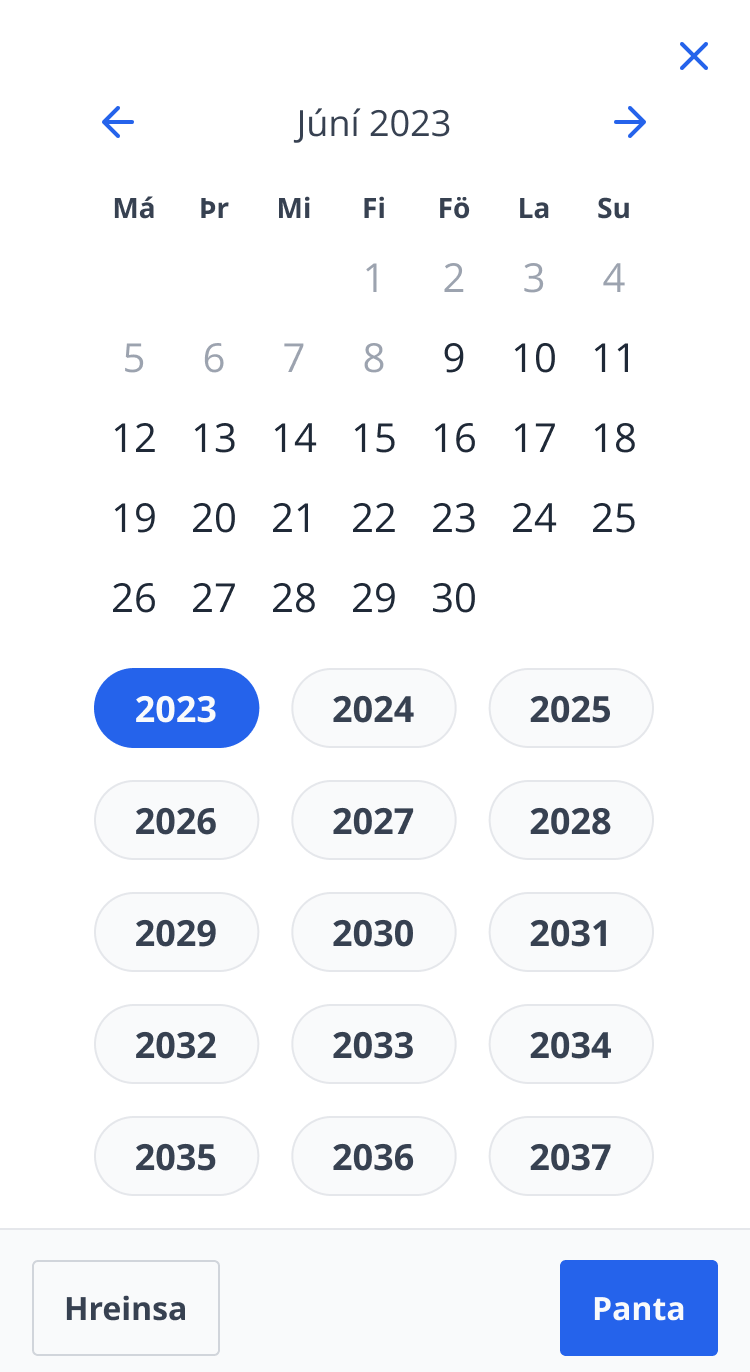 Frímann mobile date picker - July 2023