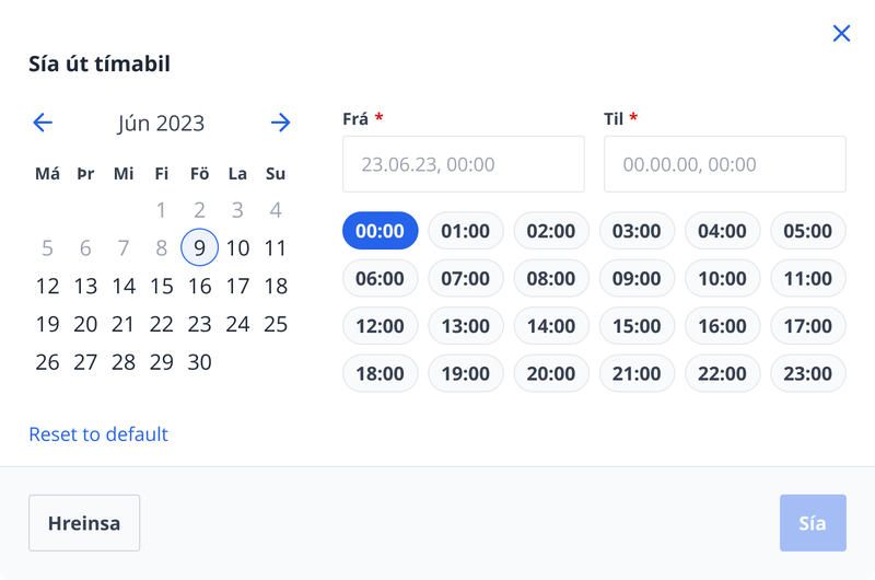 Frímann desktop time period filter dialog