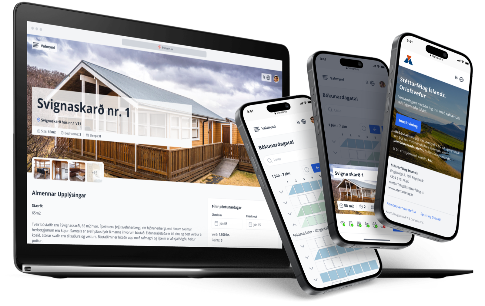Frímann cabin booking system with property details and calendar