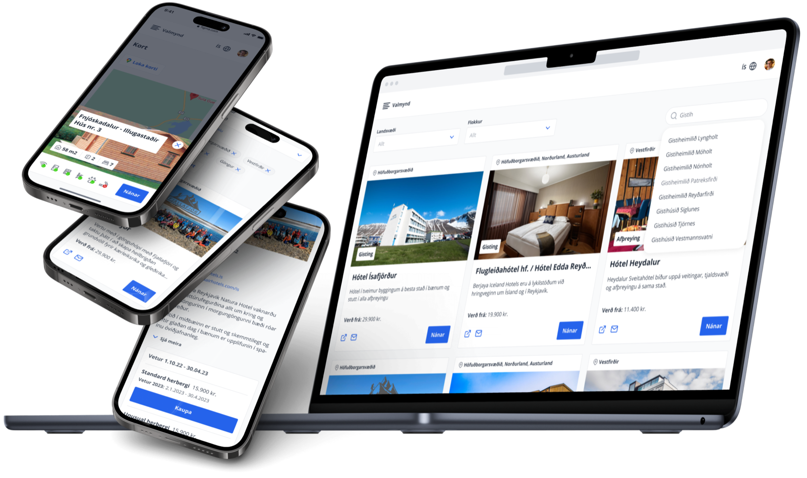 Frímann accommodation directory with hotel listings and map view