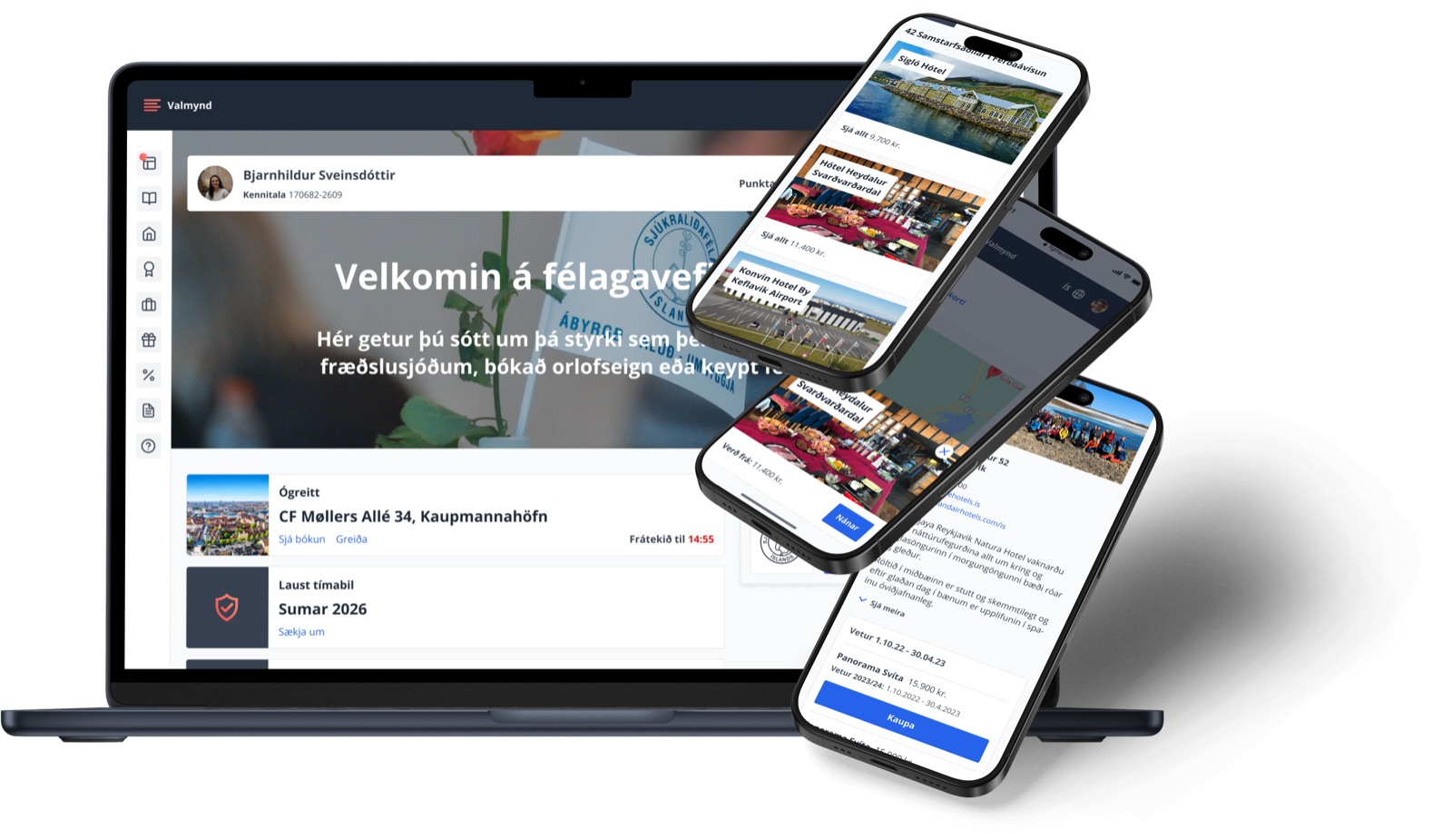 Frímann member portal with booking info and hotel listings