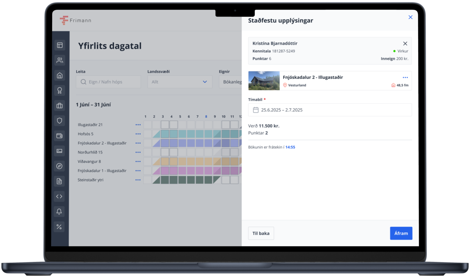 Frímann admin dashboard with availability calendar for vacation properties