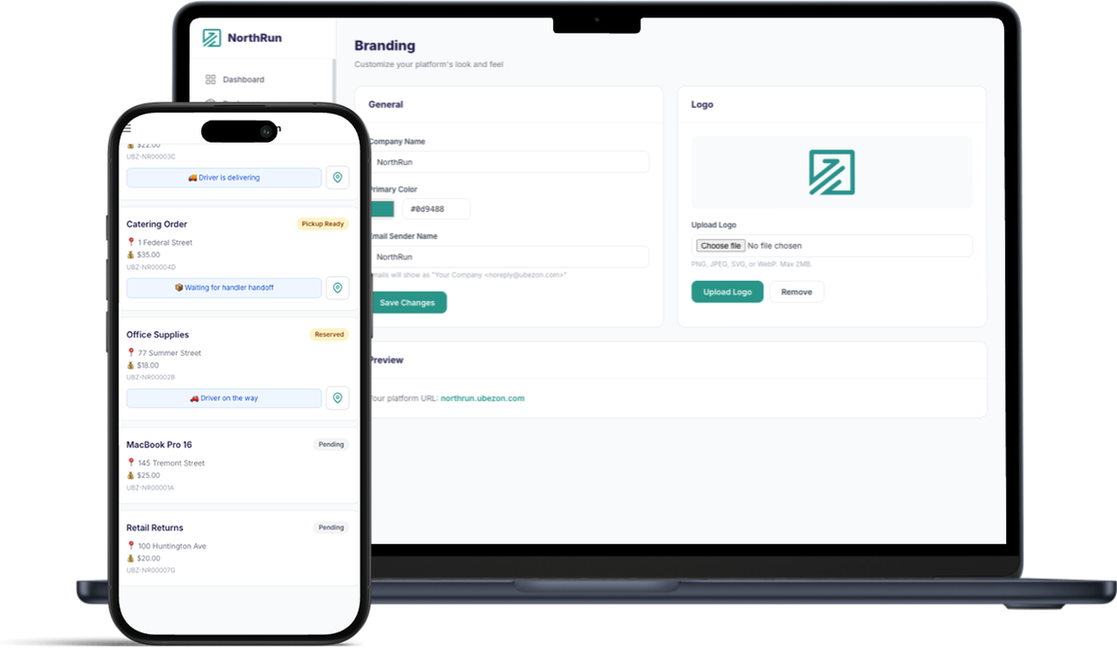 Ubezon driver mobile app with delivery queue and admin branding settings