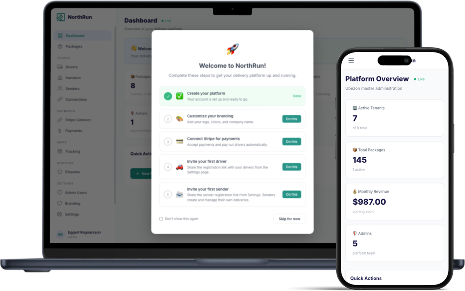 Ubezon admin dashboard with onboarding wizard and platform overview on mobile
