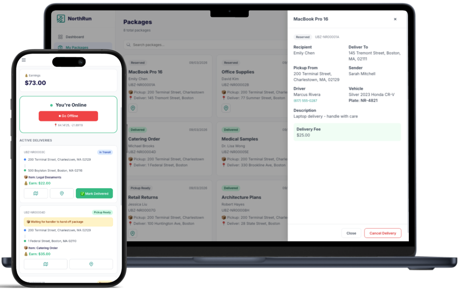 Ubezon driver earnings and delivery actions on mobile with sender package detail on laptop