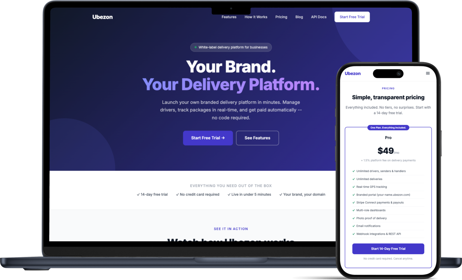 Ubezon landing page on laptop showing hero section and Pro plan pricing on mobile